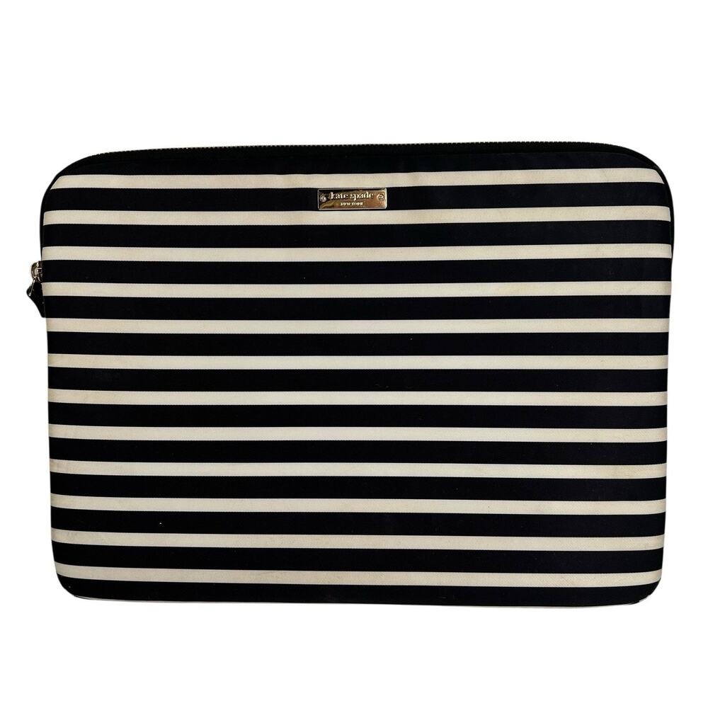 KATE SPADE New York Black & White Stripe Padded iPad MacBook Tablet Zip Case - Picture 2 of 11